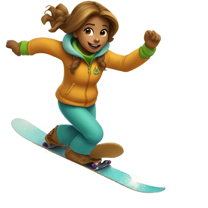 A girl in a costume a Scooby Doo is snowboarding emoji