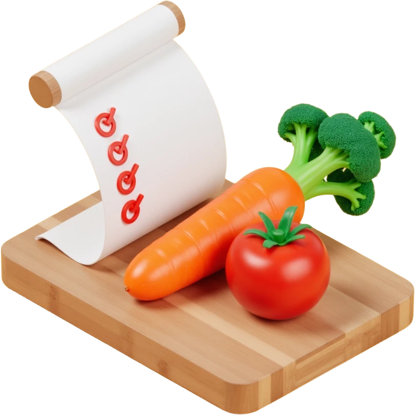 carrot tomato brocoli on the wooden cutting board with floating rolled paper list with checkbox emoji
