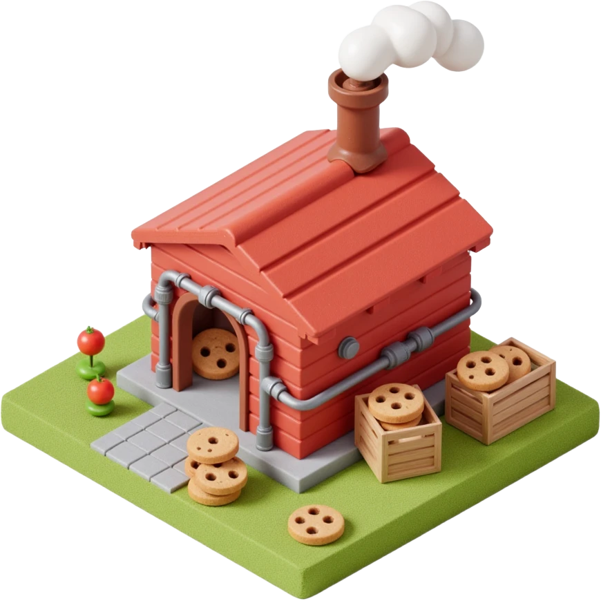 Exterior view of a small cartoon-style bakery factory, red brick walls, a single chimney puffing white smoke, metal pipes running along the walls and roof, cookie crates outside emoji