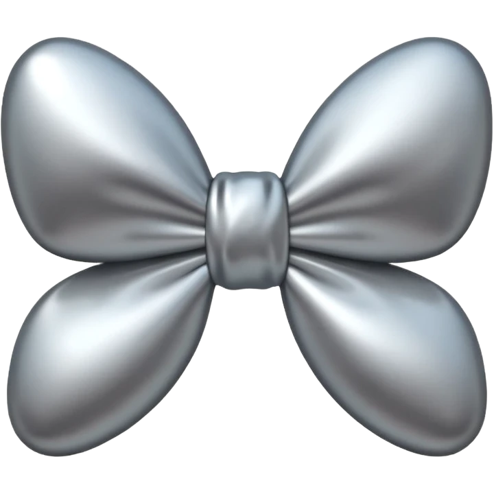A cute bow emoji made of polished silver chrome, smooth rounded loops, glossy metallic surface, soft mirror reflections, subtle highlights, minimal and adorable proportions, iOS emoji style, centered composition, clean white background, soft studio lighting, no text, no outline, ultra high quality emoji