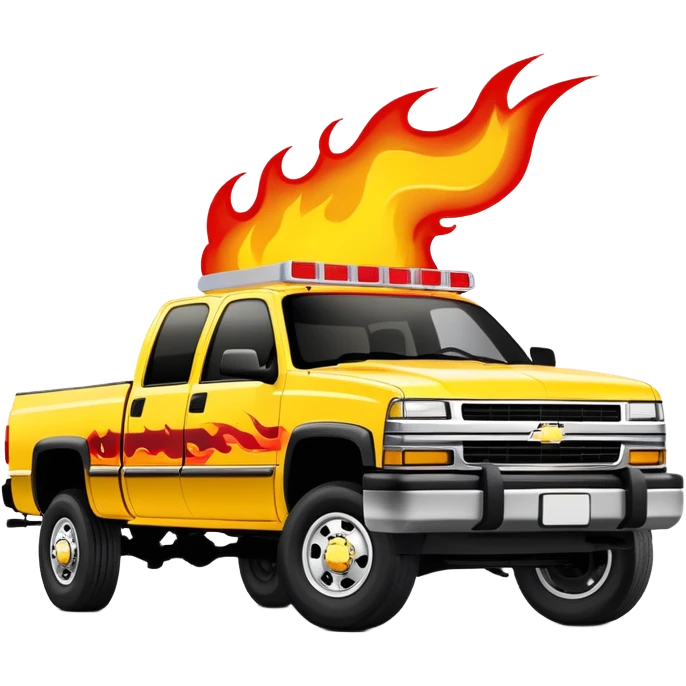 Yellow 1997 Chevrolet C-2500 Crew Cab Silverado with red flame design only on the front bumper, 30-degree view showing detailed bumper flames, Kill Bill movie vehicle, iOS emoji style emoji