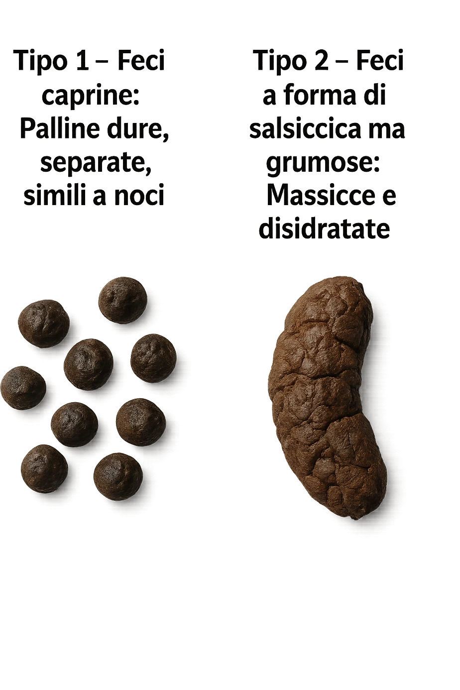 immagine di due tipi di feci iperrealistiche viste dall'alto con descrizione:
Tipo 1 – Feci caprine
Palline dure, separate, simili a noci

Tipo 2 – Feci a forma di salsiccia ma grumose
Massicce e disidratate.
 emoji