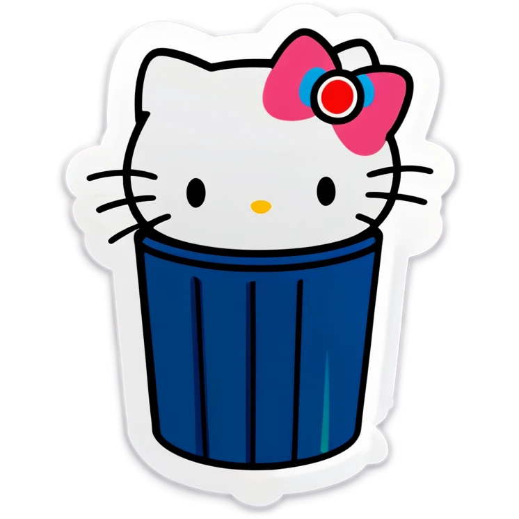 A trash bin that says on text GOODBYEEEE with hello Kitty in it emoji
