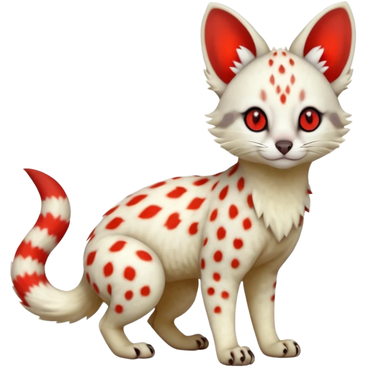 White Albino light-grey spotted Serval-Civet-Genet-Trico-Furret-Linoone-Fakémon-Pokémon-animal-hybrid-fusion-creature (full body) with glowing red eyes, cute, elegant, soft, realistic, pastel fur emoji