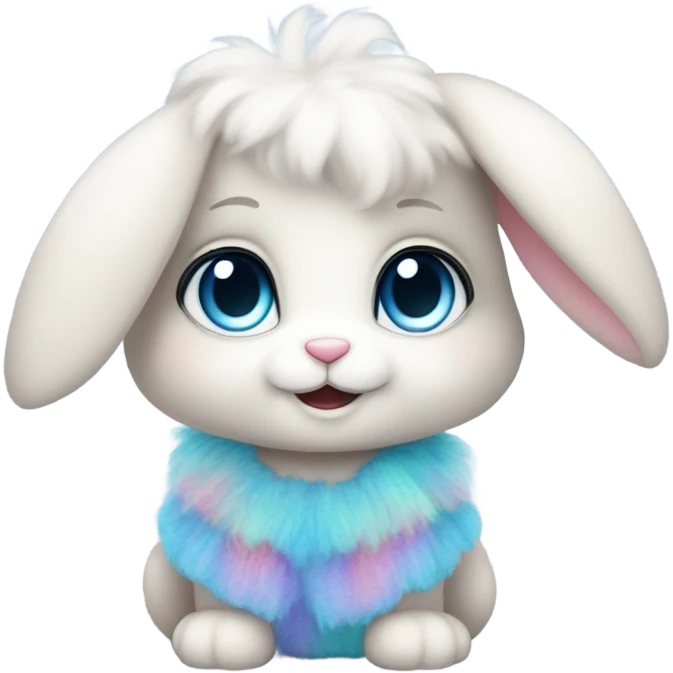 Cute fluffy bunny with big blue eyes wearing rainbow dress emoji