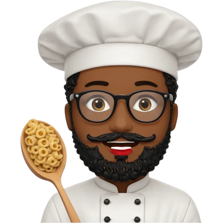 CHEF CON PELO NEGRO RIZO Y BARBA NEGRA, OJOS MARRON OSCURO Y GAFAS DE PASTA NEGRAS. SONRIE Y TIENE MARCAS DE BESOS CON FORMA DE LABIOS EN LAS MEJILLAS (COMO MANCHAS DE PINTALABIOS) emoji