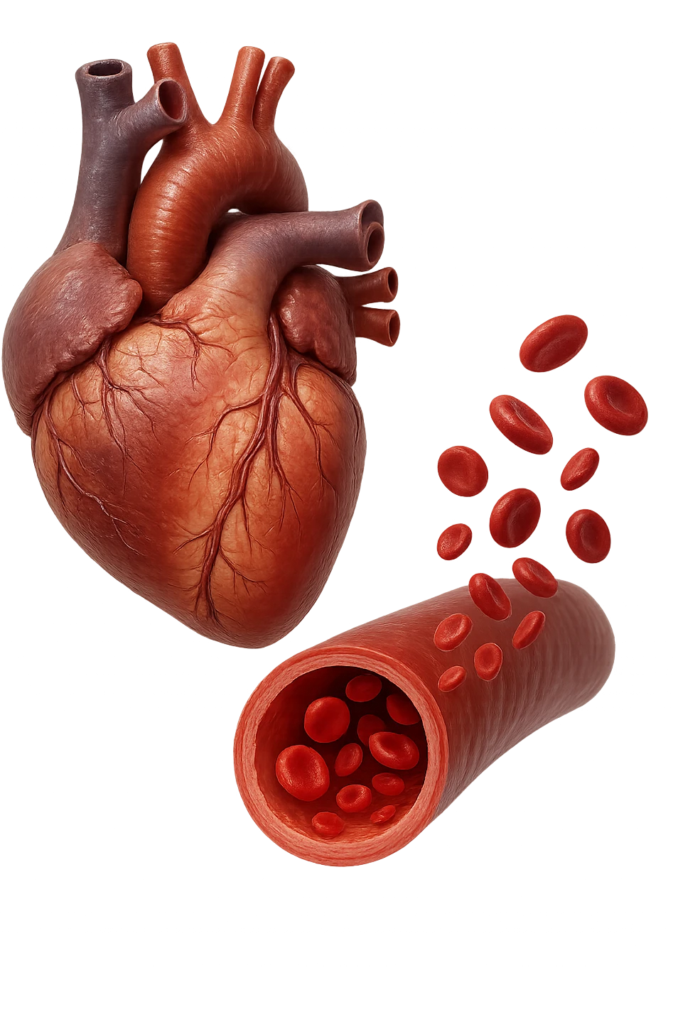 cuore anatomico umano fluttuano in aria insieme ad una vena umana con globuli rossi , iperrealistiche 4k emoji