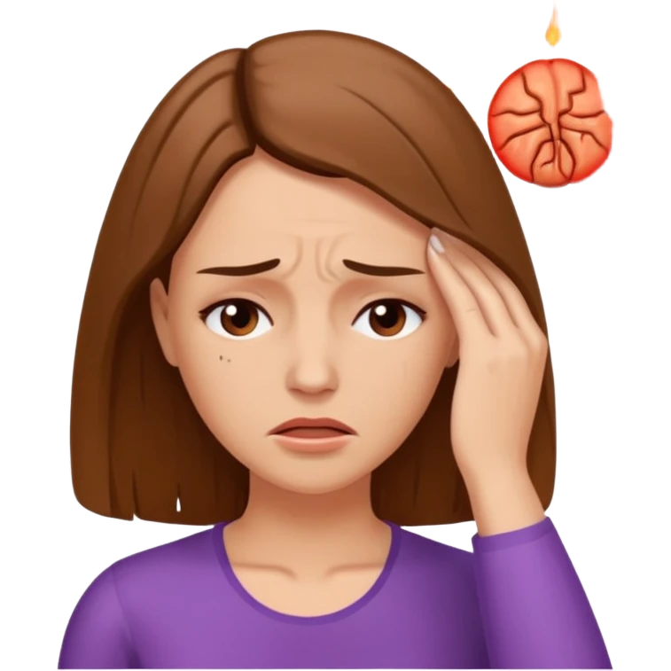 White woman with Brown hair with shoulder length hair and painful Migraine headache  emoji