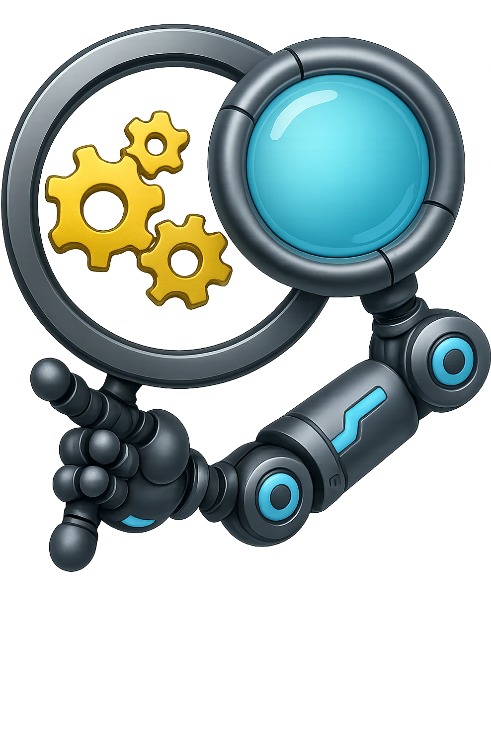 Add a robotic arm holding the magnifying glass, keep metallic textures and glowing blue accents, in emoji style with no background. The style should resemble apple style emojis with a clean and polished look, focusing on metallic and glowing blue details. emoji