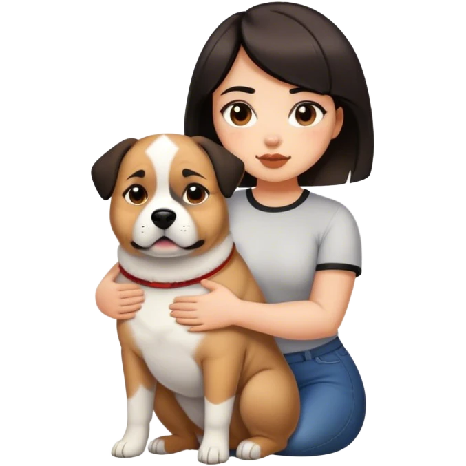 Light skin girl with black brown highlights in hair, short, likes to get active and has a fat chunky dog emoji