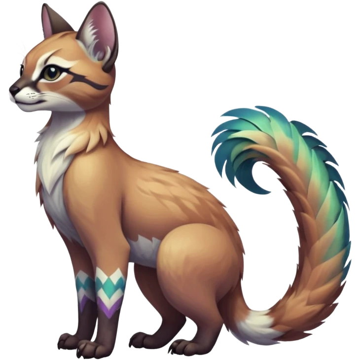 Colorful dark tropical feathery tribal pale light fruity pastel white glorious iridescent divine exotic cute cool beautiful beautiful fantasy-caracal-civet-genet-sergal-vernid-Gryphon-Cacomistle-Trico-oncilla-animal-Fakémon-hybrid-fursona (full body) emoji