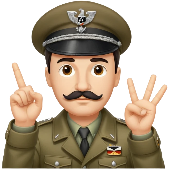 Man with a German World War 2 Hat and a small square Mustache above his lip. They’re wearing a German world war 2 jacket and have their arm straight out and hands and fingers are straight  emoji