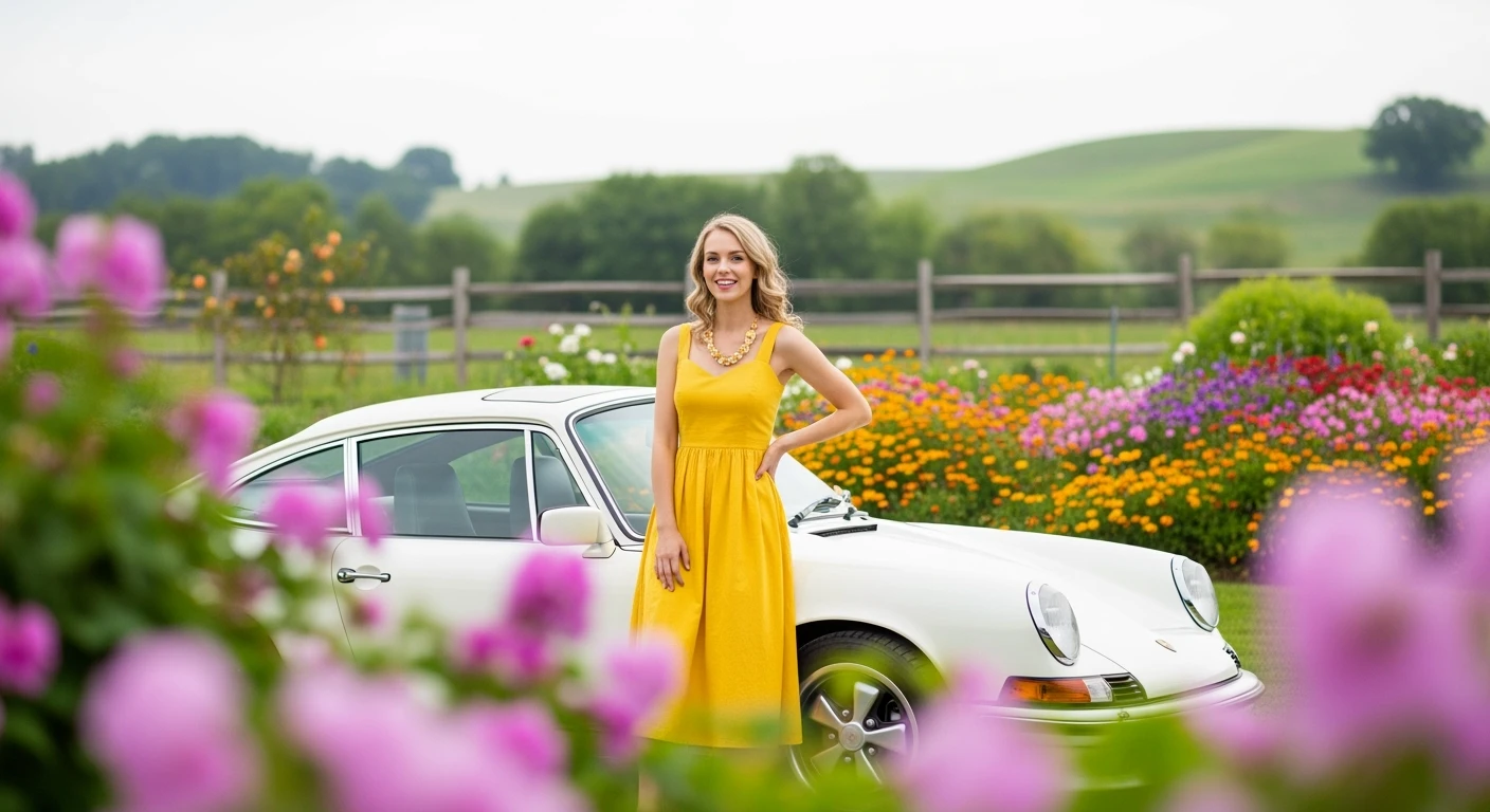 A portrait of a white person next to porsche 911 in the foreground, blurred plants in the foreground, a wooden fence and colorfull flowers in the midground, rolling hills in the background, cinematic depth of field, layered composition, natural lighting emoji