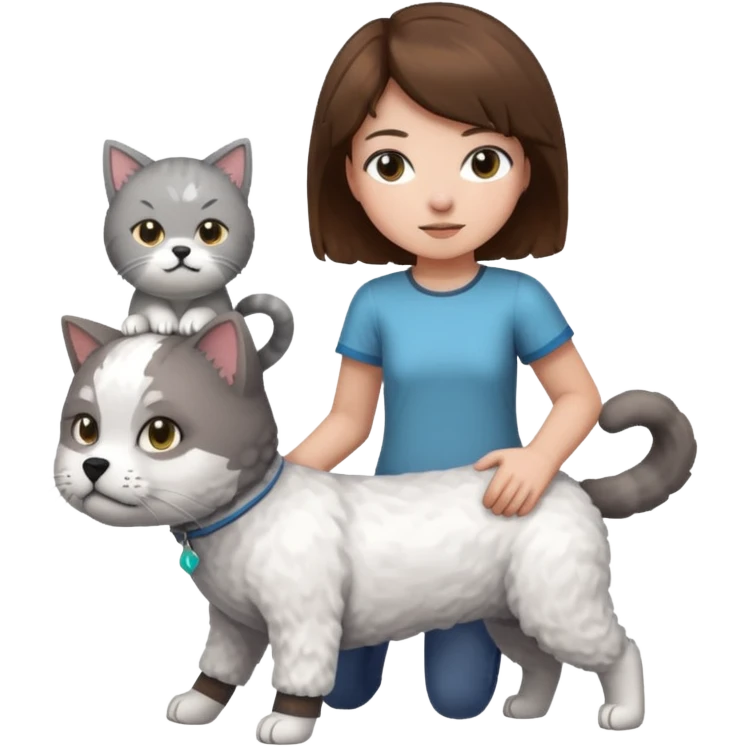 A grey cat standing on the back of a white bichon frisør dog, with a girl with short brown hair sitting beside playing Minecraft emoji