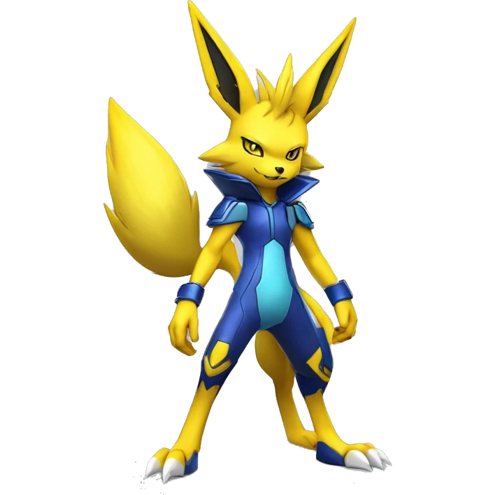Yellow Shiny Colorful Anthro Edgy Cool Sonic-Zeraora-Renamon-Jolteon-Pokémon-Fakémon with shiny blue markings Full Body Detailed High Quality  emoji
