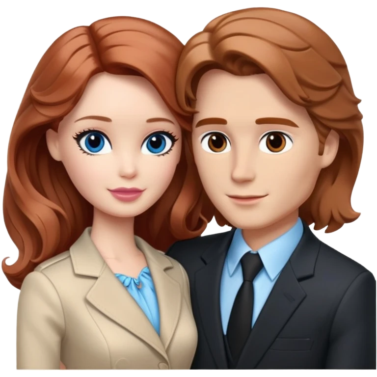 Barbie girl  , eyes blue , Chestnut red long wavy hair In pale beige clothes, Hugs a man with light brown hair short haircut, brown eyes , and a black suit emoji