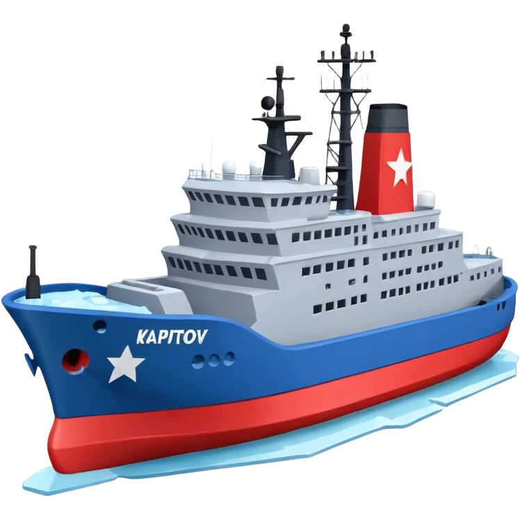 Realistic 3D icon of icebreaker "Kapitan Krutov" (grey hull, red star, white superstructure, "РОСМОРПОРТ" lettering). Soft winter lighting, 3/4 aerial view. Fractured blue ice, white background. High detail, photorealistic GSON style. emoji
