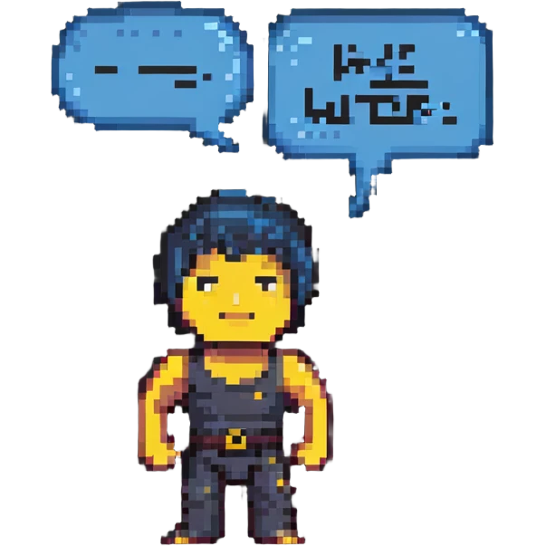 Bruce Lee, calm and wise, pixel art style, with a speech bubble that says 'be water, my friend' emoji