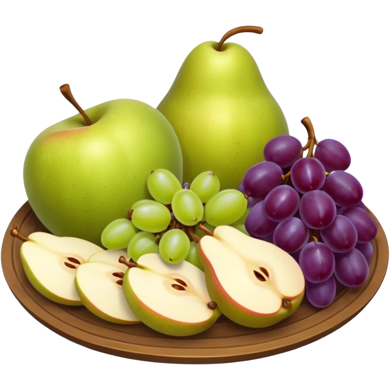 medieval fruit platter object icon, sliced apples and pears, grape clusters, rustic plate, fresh juicy look, 3D cartoon, mobile game icon style, clean background, no text, no watermark
 emoji