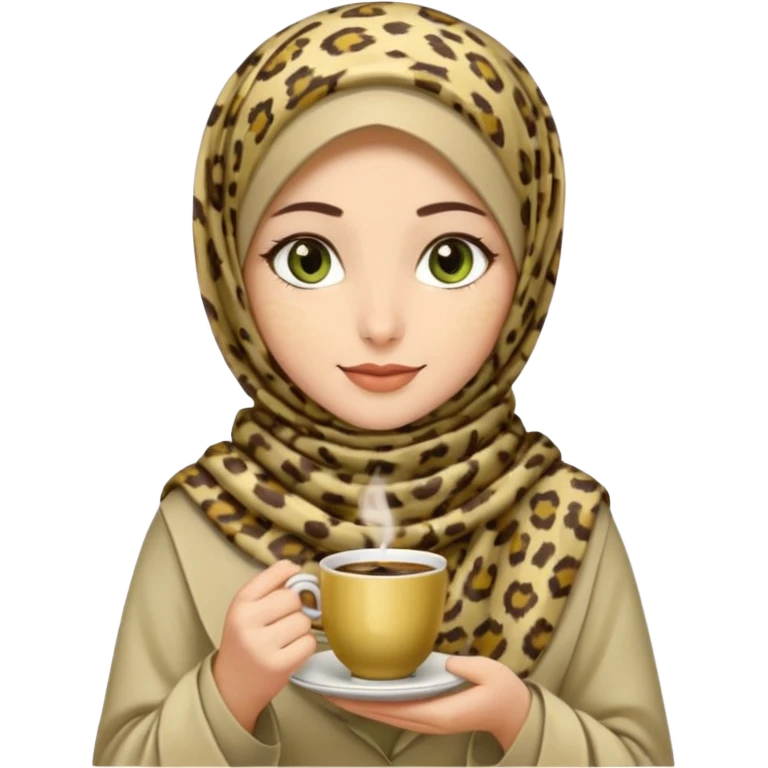Turkish beautiful finish Konya girl green brown eyes with beige and light yellow leopard hijab islamic dress and had on her hand Turkish coffee emoji