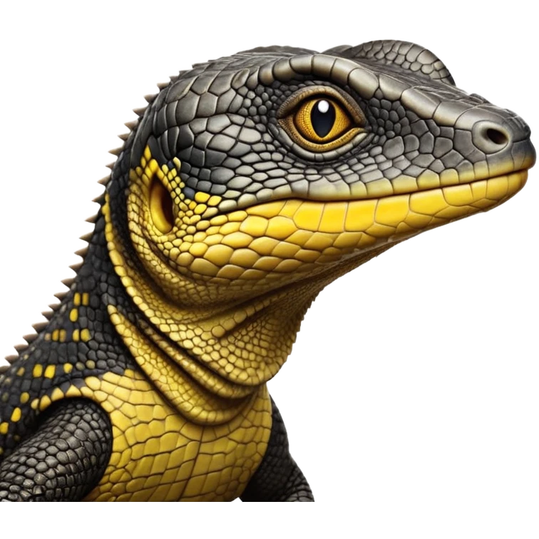 cinematic-realistic-cute-monitor-lizard-portrait-emoji,-head-tilted-playfully-and-inquisitively,-featuring-a-compact,-agile-body-with-finely-detailed,-glossy-scales-in-earthy-black and yellow-hues-and-a-distinct,-alert-face-with-bright,-curious-eyes, black , yellow spotted and green band  scales and a big long neck emoji