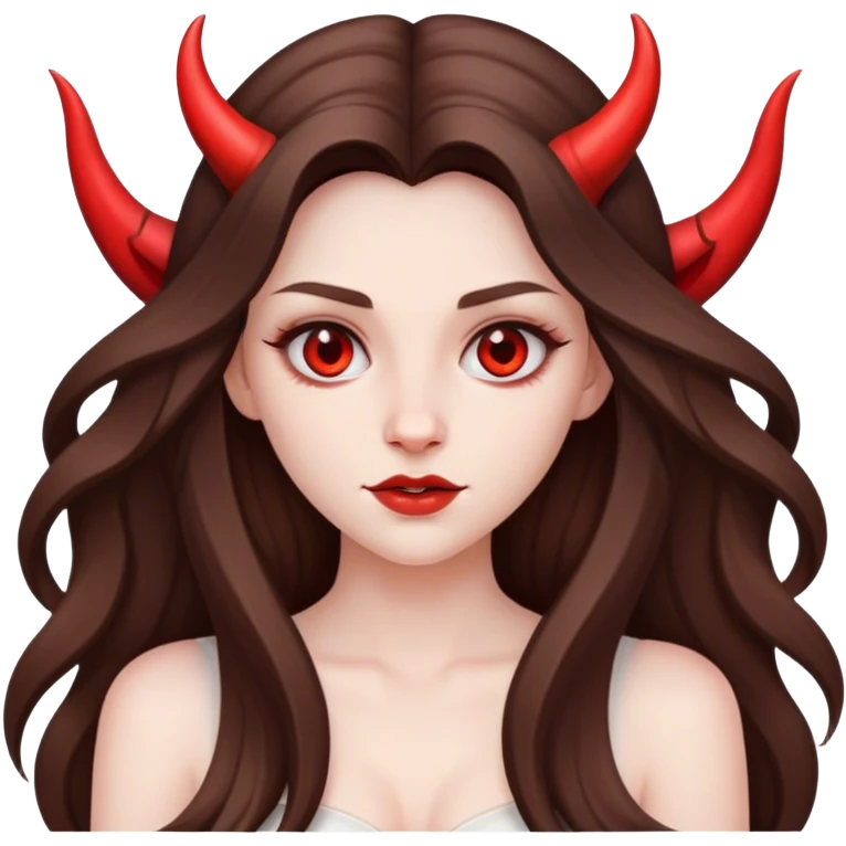 beautiful pale brunette girl with long hair with devil horns emoji