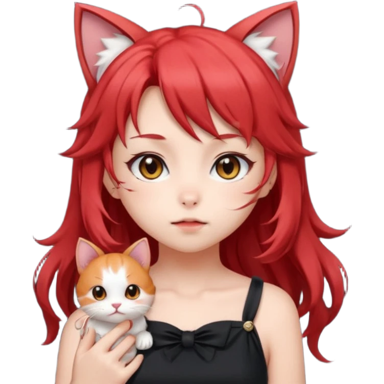 very cute anime cat-girl with small cat ears, red blowing hair emoji