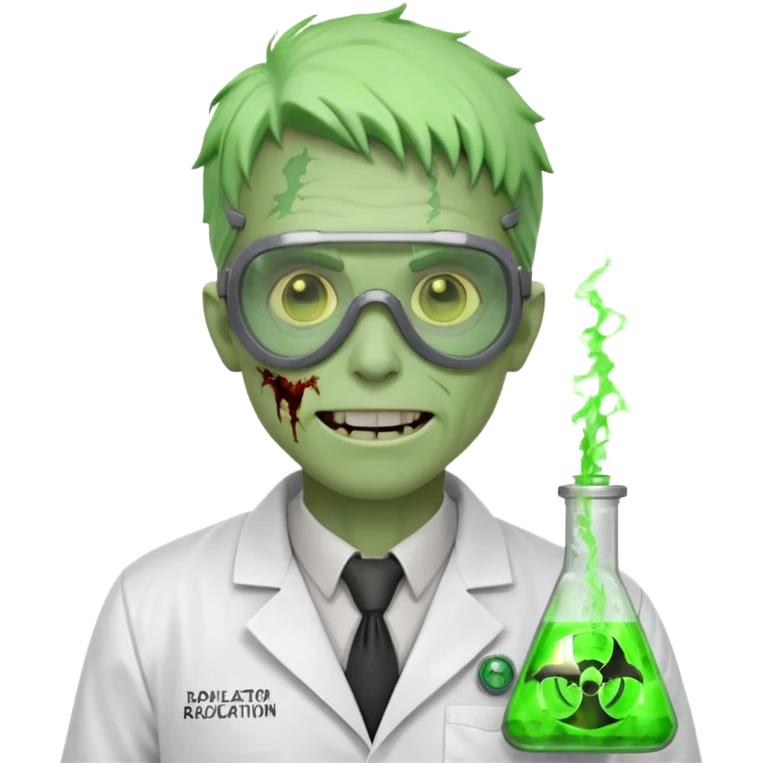 radioactive zombie scientist portrait, head and shoulders only, glowing toxic veins, cracked goggles, lab coat with radiation badge, sinister smile, 3D cartoon, mobile game icon style, clean background, no text, no watermark
 emoji