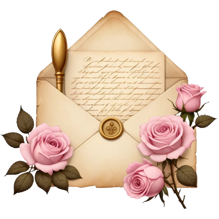An antique handwritten letter with dried light pink roses and a golden wax seal, vintage aesthetic. emoji