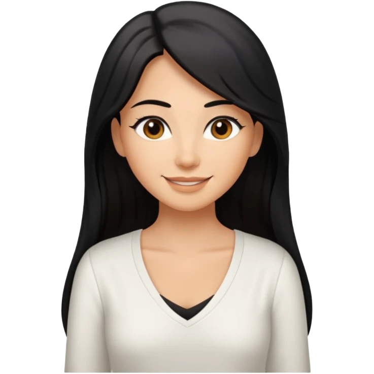 medium tan woman with long black hair past middle of back, round brwn eyes, white v neck blouse smiling. emoji