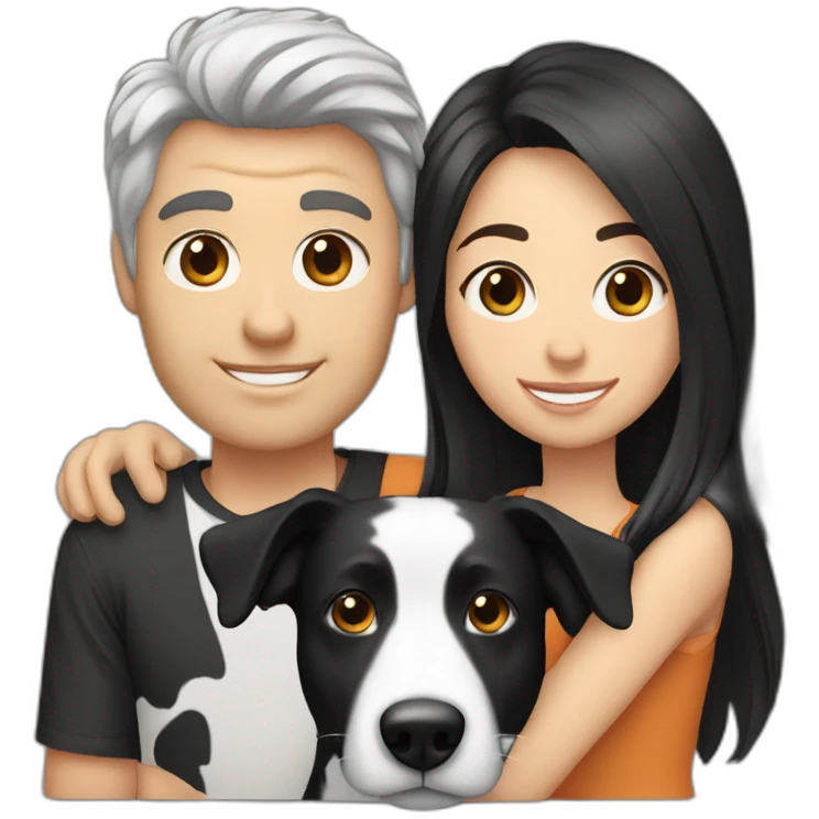 Family with a White man and a White woman with long black hair and a small black border collie dog emoji