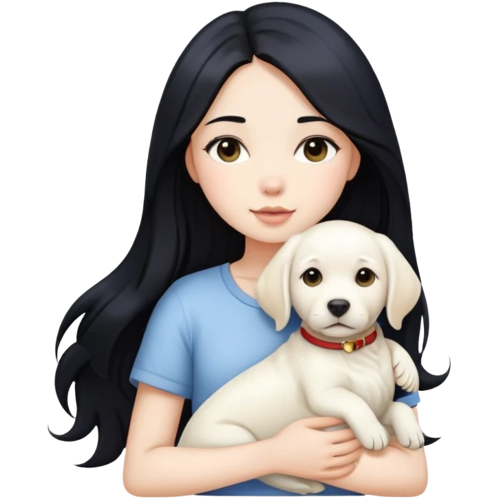 A beautiful girl with long black hair and fair skin is holding a white Labrador emoji