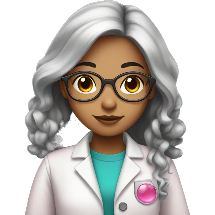 Young Girly scientist with long black hair and medium skin tone with pink accents emoji