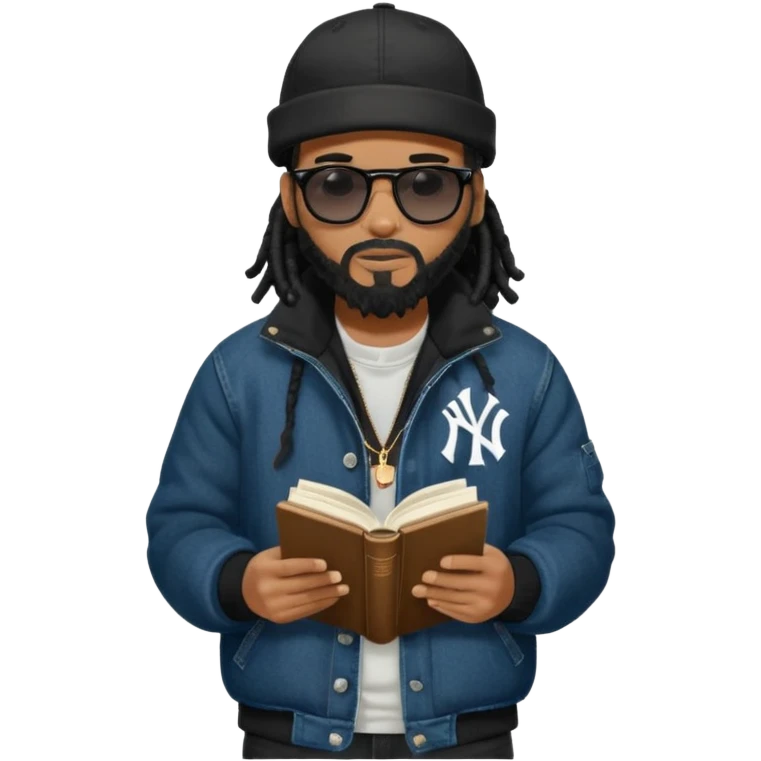 African American man with shoulder length black dreadlocks with black beard wearing black sunglasses wearing a black bubble winter coat wearing a black New York Yankees logo baseball cap wearing denim skinny jeans and Timberland boots reading a Bible emoji