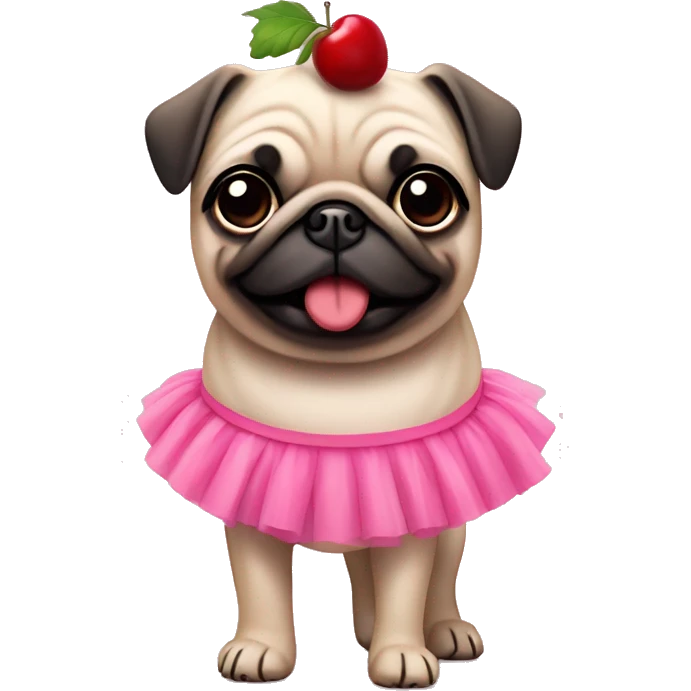 Fun pug wearing pink tutu wearing headband with cherries on it emoji
