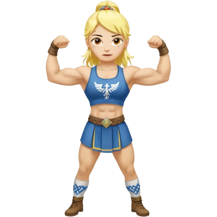 slavic girl, medium size yellow hair, flexing muscles, full body, muscled, with traditional slavic outfit emoji