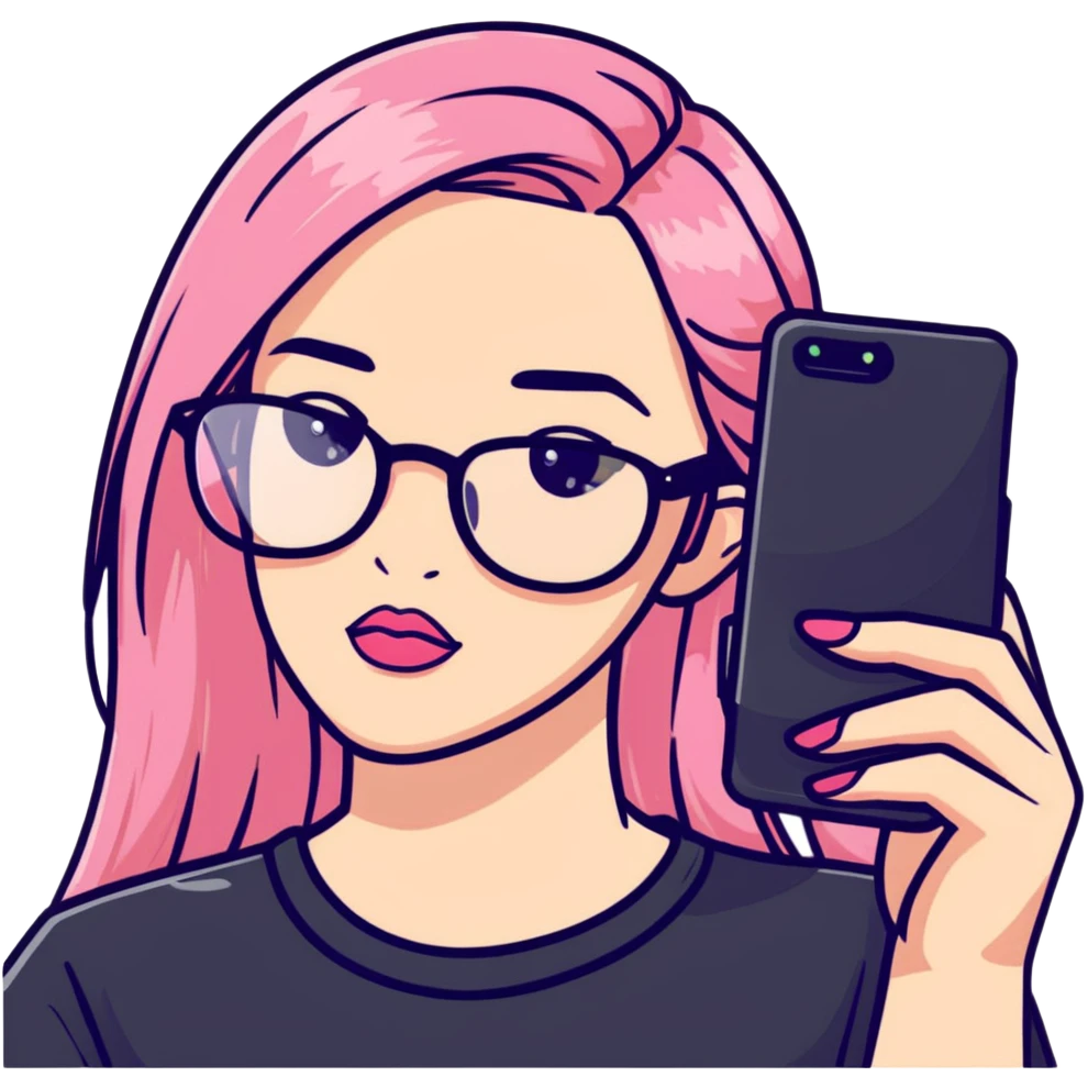 A teenage girl taking a selfie in a school bathroom. She has long, straight blonde and pink-dyed hair, wears rectangular glasses and a black shirt. Her expression is neutral with glossy lips emoji