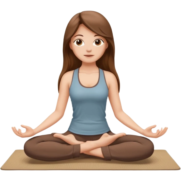 Brown long hair, white girl sitting on a beige rug doing yoga, brown clothes emoji