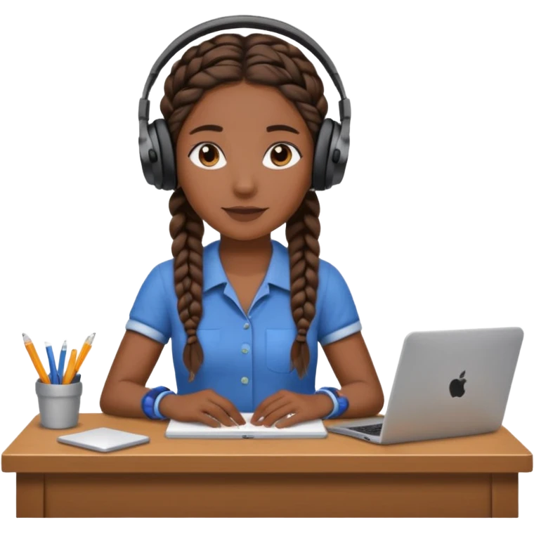 realistic dark brown skinned female with braids leaving desk with headphones on emoji