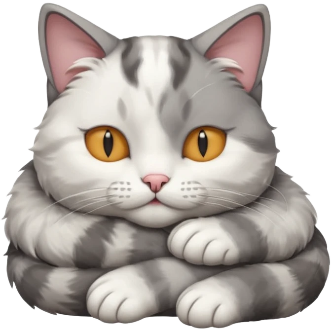 grey and white small cat with its eyes closed lying down with its paw curled under his chin holding it up emoji