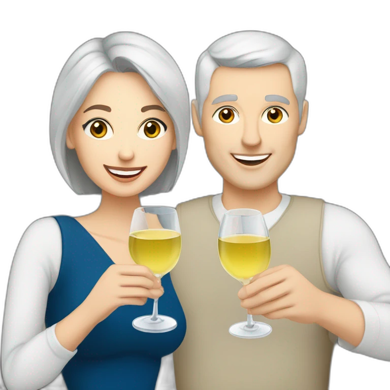 caucasian woman with brown eyes and blond short hair and a caucasian man with blue eyes and grey hair, toasting with a glass of white wine emoji