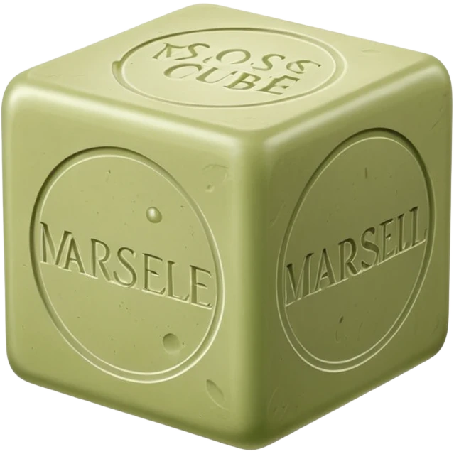 single cube of traditional Marseille soap, matte slightly rough surface, pale olive-green color, embossed classic markings on sides, natural imperfections like air bubbles and uneven edges, no packaging or extras, soft lighting, subtle shadows, emoji scale emoji