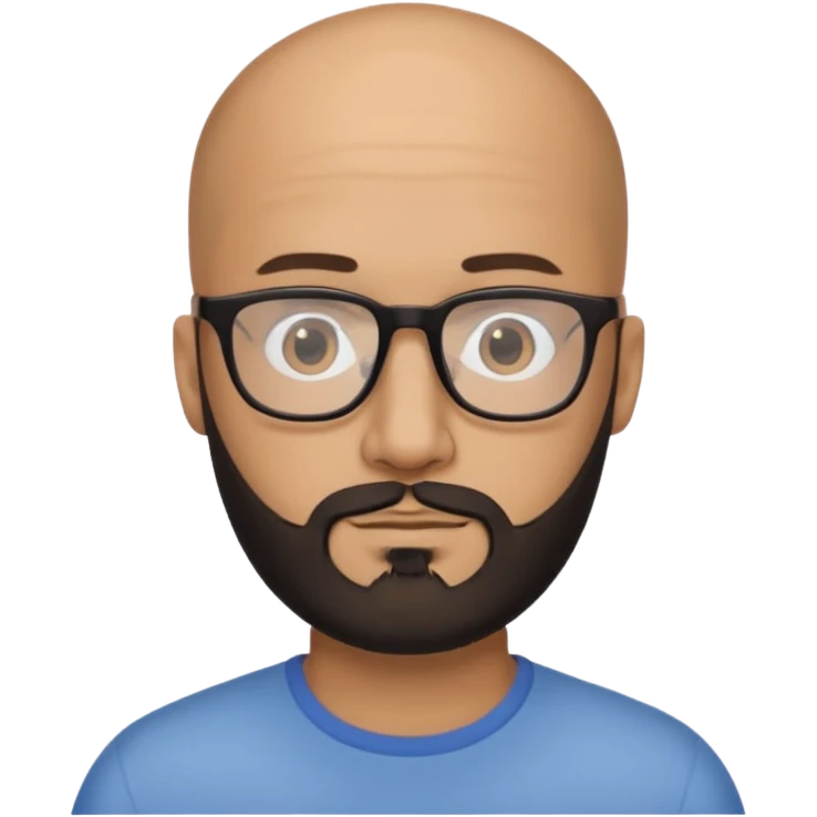 Homem com 30 anos careca com barba PRETA aparada e com óculos emoji