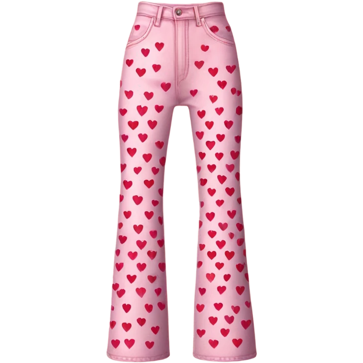 Realistic long Wide leg high waisted pink jeans with small red hearts print, isolated emoji