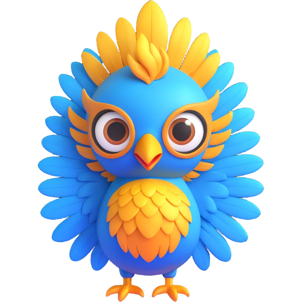 Change the cartoon phoenix to blue and gold colors, keep the playful expression, big eyes, bright feathers, and 3D emoji style, with no background. emoji