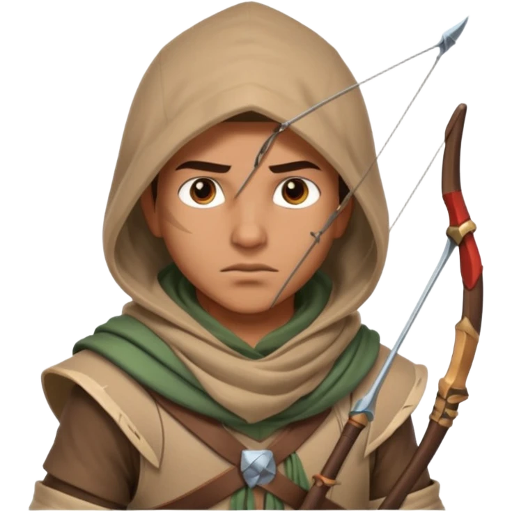 desert archer warrior portrait, head and shoulders only, hooded scarf collar, quiver strap visible, sharp focused eyes, 3D cartoon, mobile game icon style, clean background, no text, no watermark
 emoji