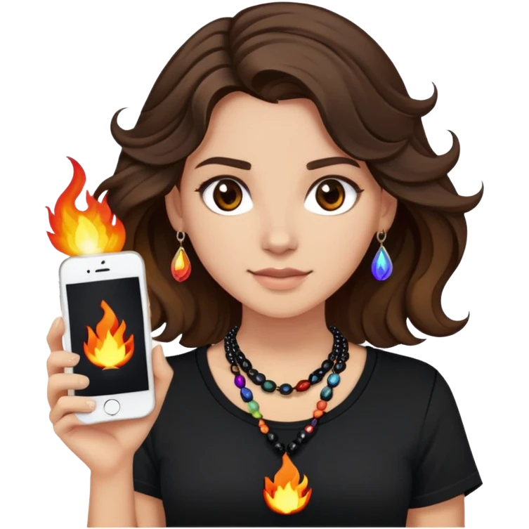 brunette girl with wavy medium length hair, brown eyes, light/medium skin tone, holding iPhone and light phone, wearing black tee shirt with flames on it and colorful beaded charm necklace emoji