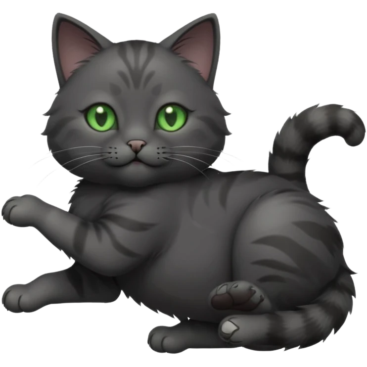 solid dark grey cat with green eyes, completely solid grey face, white toes/paws playfully rolling upside down emoji