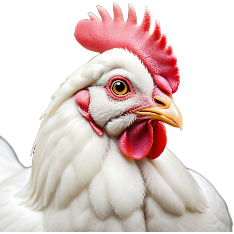 Cinematic Noble White Chicken Portrait Emoji, Poised and regal, with a compact, sturdy build and a pristine, well-groomed pure white plumage, deep-set soulful beady eyes, Simplified yet sharp and sophisticated features, highly detailed, glowing with a soft, dignified glow, high shine, intelligent and alert, stylized with an air of barnyard elegance, focused and attentive, soft glowing outline, capturing the essence of a watchful and confident fowl, so majestic it feels as though it could strut out of the screen with effortless authority! emoji