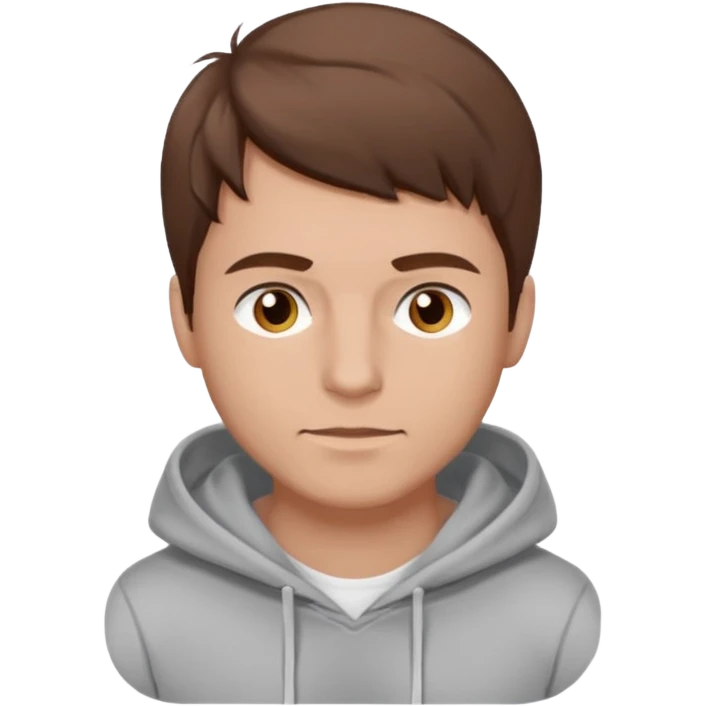 Uomo adulto barbuto capello moro occhi marroni metà busto e vestito con una felpa grigia e maglietta bianca emoji